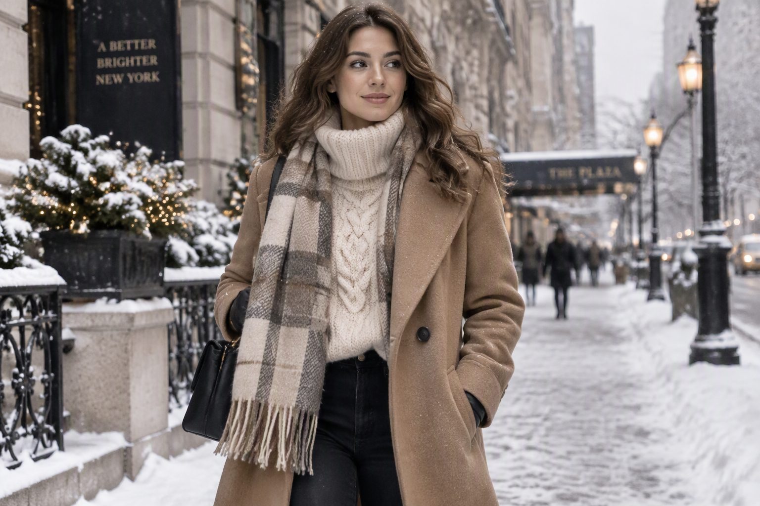 A woman in a beautifully layered fall outfit with a jacket, scarf, and sweater