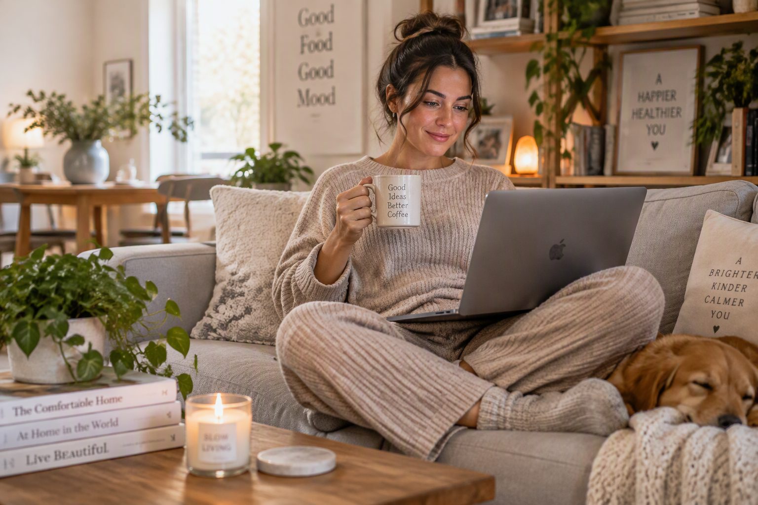 A woman in comfortable yet stylish loungewear working from home