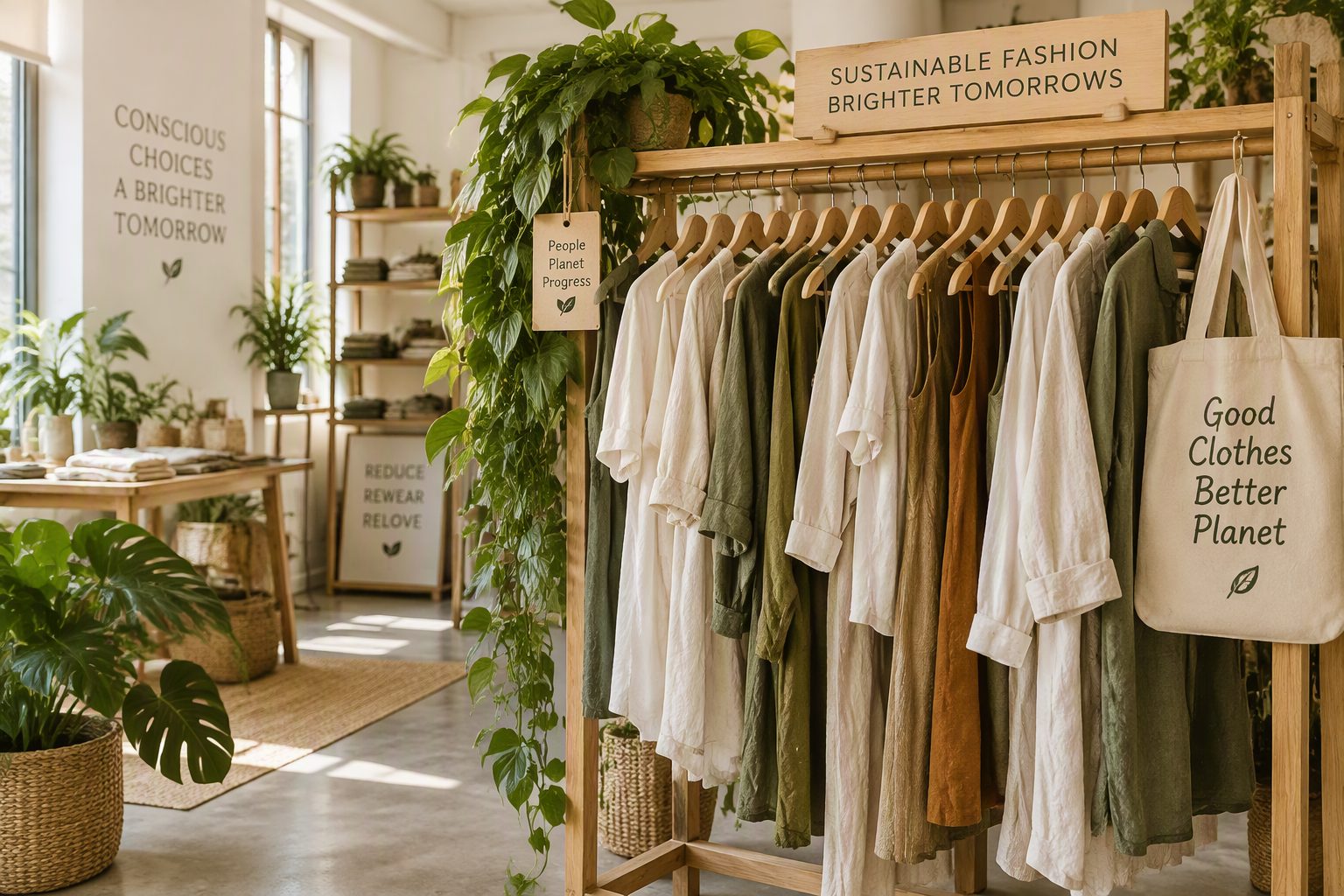 Sustainable fashion clothing on a wooden rack in a bright boutique