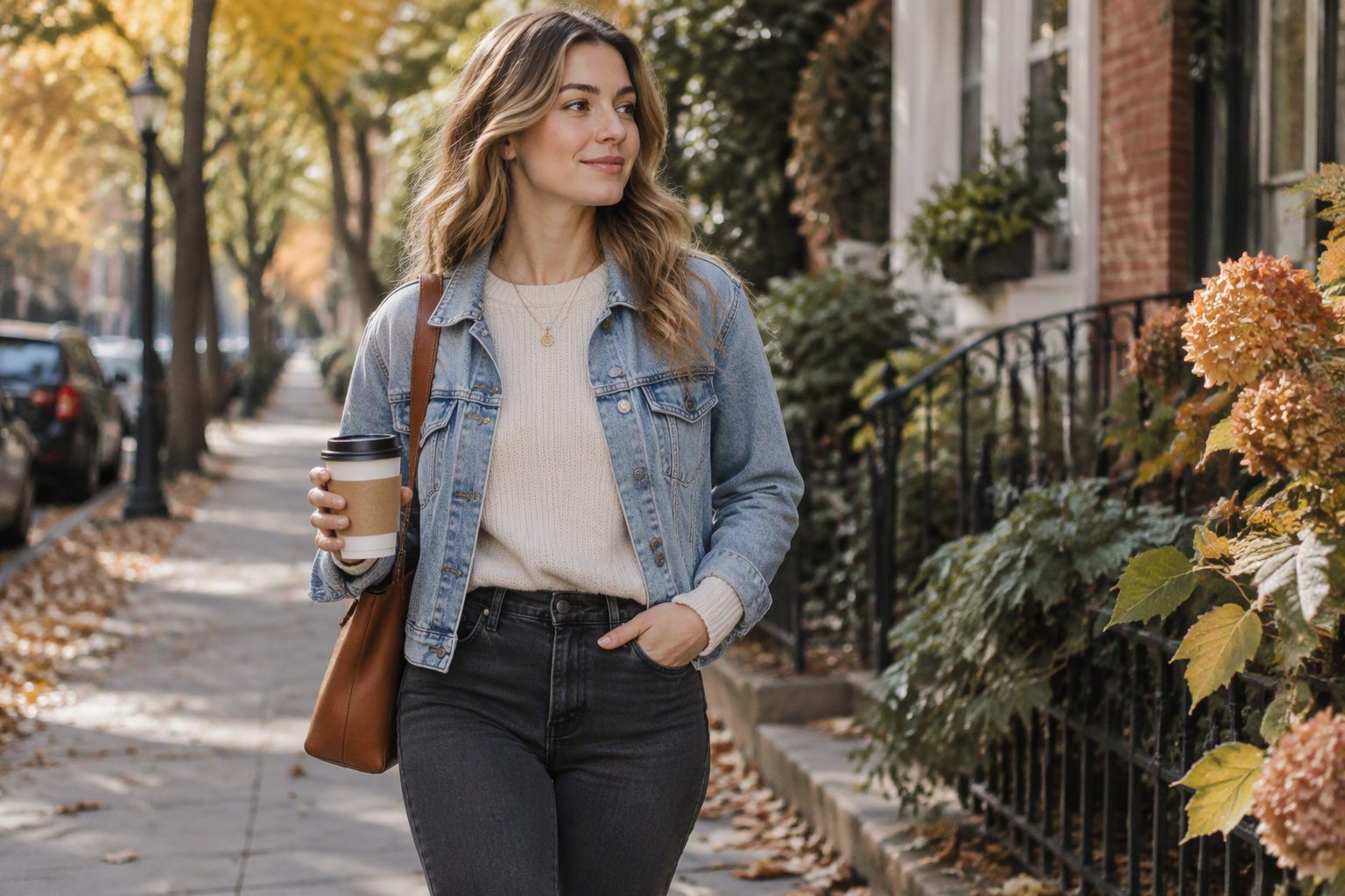 A woman in a transitional fall outfit with a light jacket and scarf walking outdoors