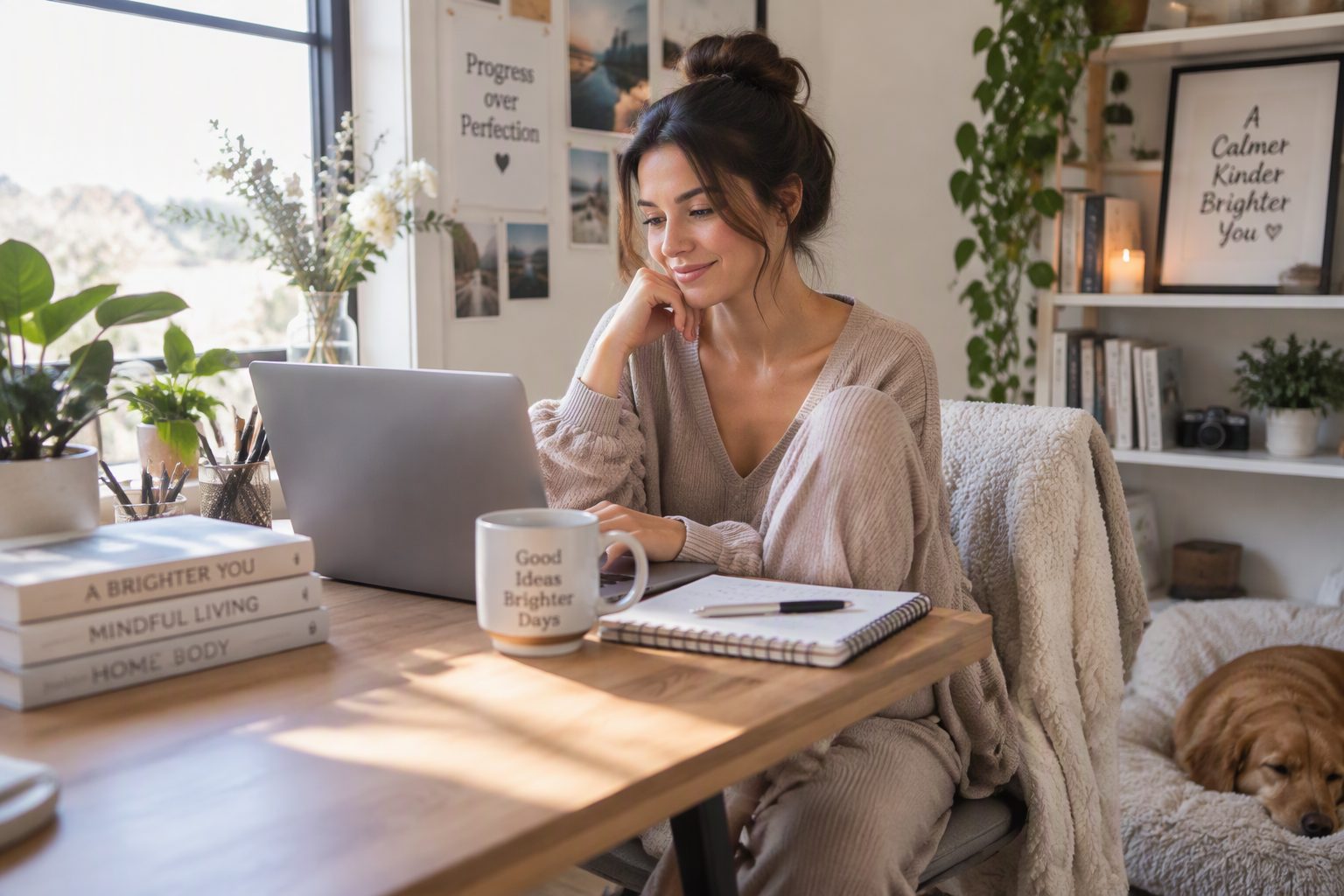A woman working from home in comfortable but stylish loungewear at her desk